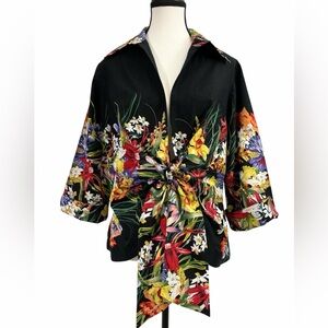 MISHKA 100% Cotton Black Floral OpenTie-Front Blouse 3/4 Sleeve | L